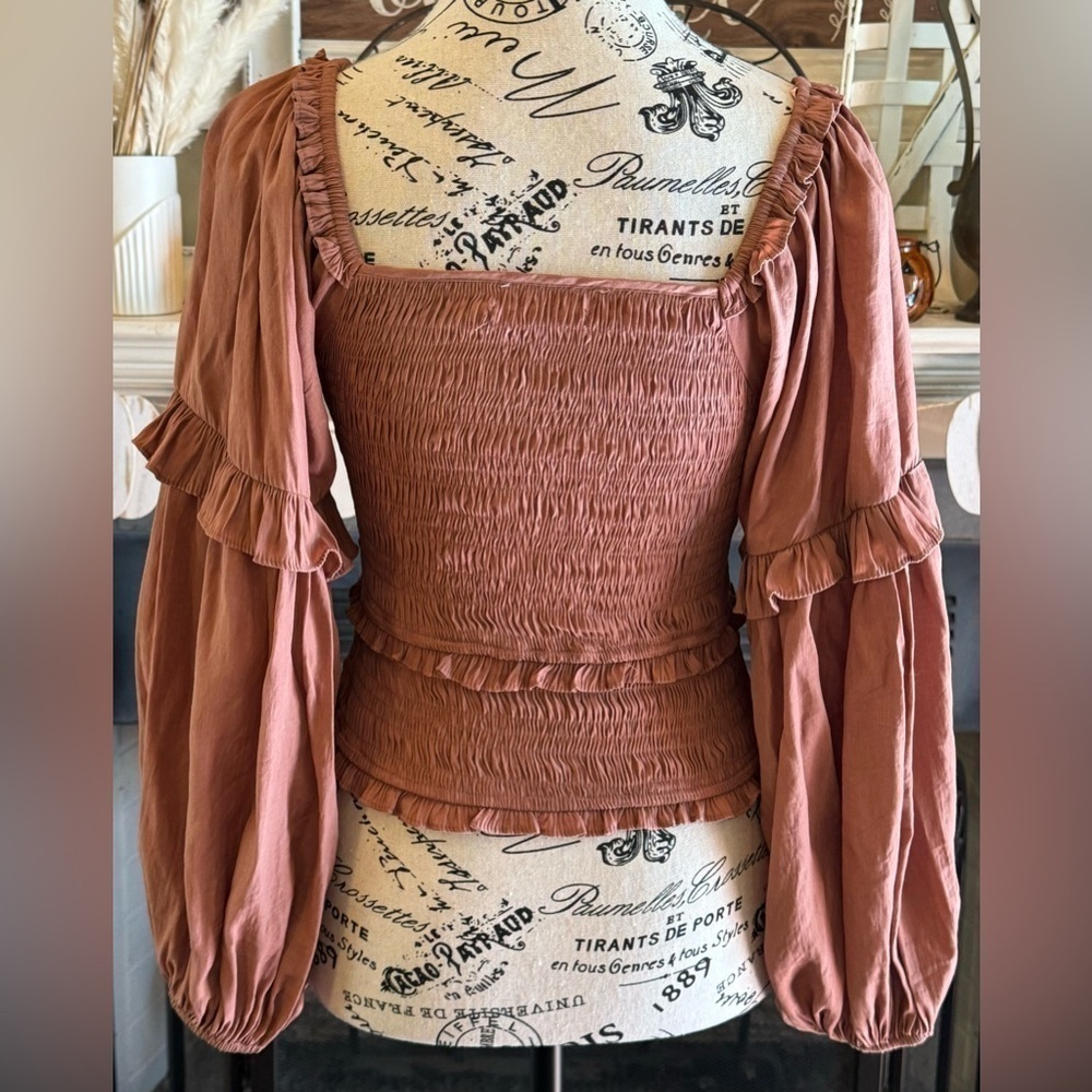 Mustard Seed Ruched Fall Bubble Blouse Ruffle Sleeve Autumn Fall Women’s Small - Picture 5 of 7